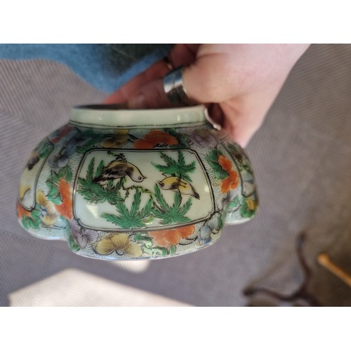 26 - Small Celadon Canton Chinese plate with butterfly, bird, and fruit motifs and character marks to bas... 