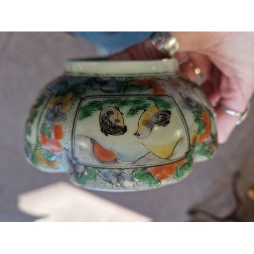 26 - Small Celadon Canton Chinese plate with butterfly, bird, and fruit motifs and character marks to bas... 