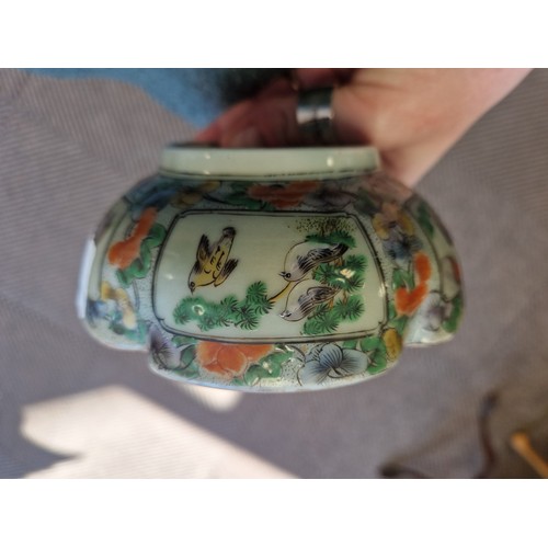 26 - Small Celadon Canton Chinese plate with butterfly, bird, and fruit motifs and character marks to bas... 