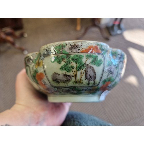 26 - Small Celadon Canton Chinese plate with butterfly, bird, and fruit motifs and character marks to bas... 