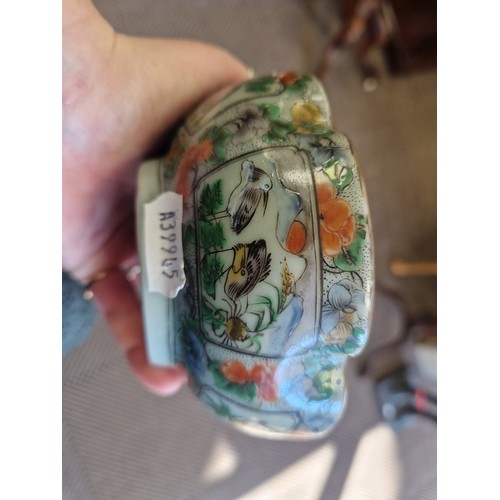 26 - Small Celadon Canton Chinese plate with butterfly, bird, and fruit motifs and character marks to bas... 