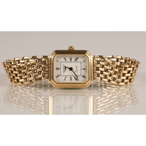 88 - Longines ladies 9ct yellow gold wrist watch, rectangular white dial with Roman numerals on a 9ct yel... 