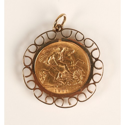 55A - George V gold half sovereign dated 1911 in 9ct gold pendant mount, gross weight 6.2g... 