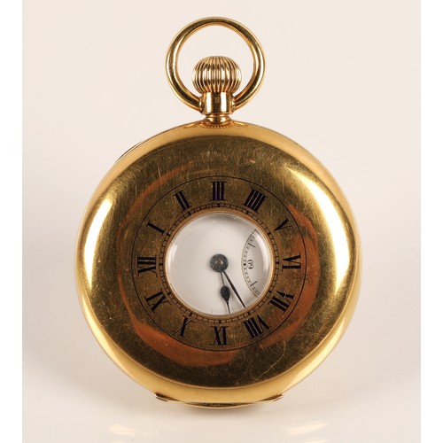 96 - Gents 18ct yellow gold half hunter pocket watch, white enamel dial with Roman numerals and subsidiar... 