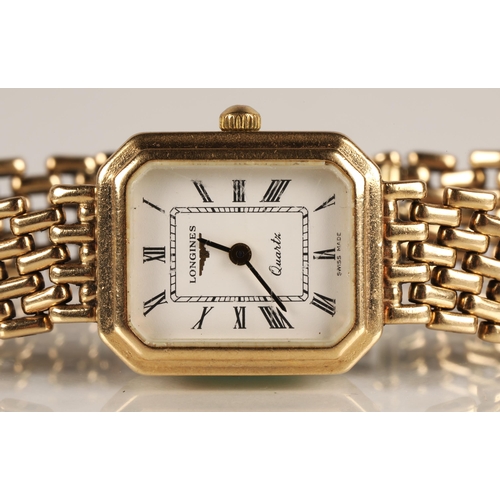 88 - Longines ladies 9ct yellow gold wrist watch, rectangular white dial with Roman numerals on a 9ct yel... 