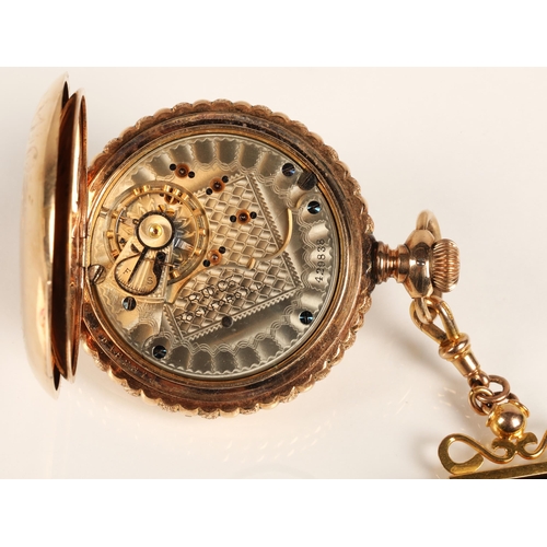 91 - Gents 14K gold Rockford full hunter pocket watch, white enamel dial with numbered hour markers and s... 