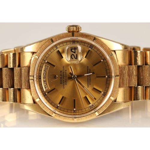 85 - Gents 18ct yellow gold Rolex Oyster Perpetual Day-Date wrist watch, gold coloured dial with hour mar... 