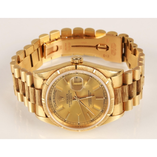 85 - Gents 18ct yellow gold Rolex Oyster Perpetual Day-Date wrist watch, gold coloured dial with hour mar... 