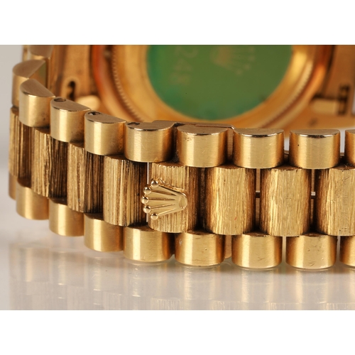 85 - Gents 18ct yellow gold Rolex Oyster Perpetual Day-Date wrist watch, gold coloured dial with hour mar... 