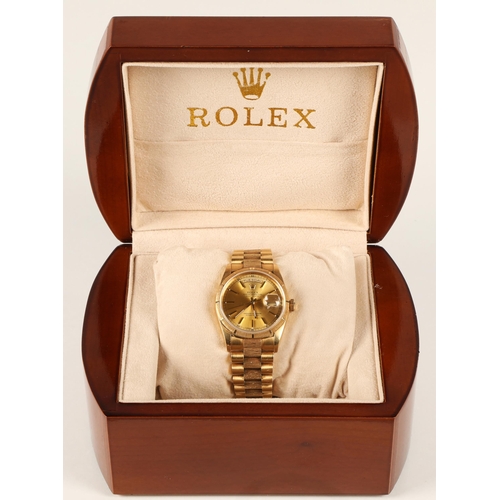85 - Gents 18ct yellow gold Rolex Oyster Perpetual Day-Date wrist watch, gold coloured dial with hour mar... 