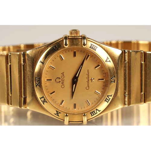 87 - Ladies 18ct yellow gold Omega Constellation wrist watch, gold coloured dial with baton hour markers ... 