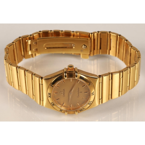 87 - Ladies 18ct yellow gold Omega Constellation wrist watch, gold coloured dial with baton hour markers ... 