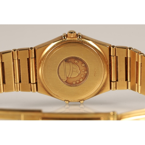 87 - Ladies 18ct yellow gold Omega Constellation wrist watch, gold coloured dial with baton hour markers ... 