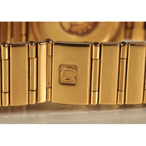 87 - Ladies 18ct yellow gold Omega Constellation wrist watch, gold coloured dial with baton hour markers ... 
