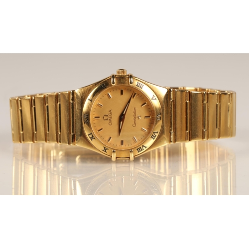 87 - Ladies 18ct yellow gold Omega Constellation wrist watch, gold coloured dial with baton hour markers ... 