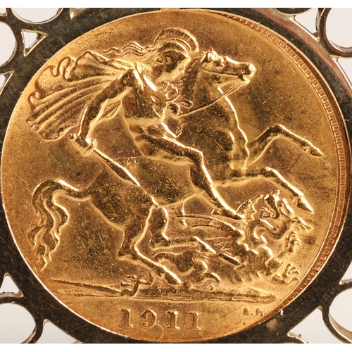 55A - George V gold half sovereign dated 1911 in 9ct gold pendant mount, gross weight 6.2g... 