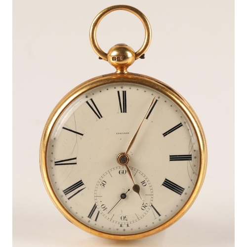 92 - Gents 18ct gold open face pocket watch, white enamel dial with Roman numerals and subsidiary dial, t... 
