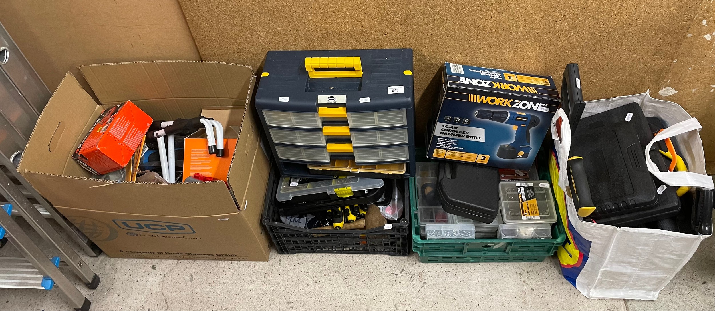 Assortment of boxed tools to include 14.4 cordless hammer drill, boxed ...