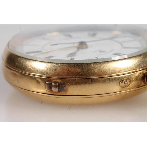 190 - 18ct yellow gold pocket watch, the white enamel dial with Roman numeral chapter ring, maker Rotherha... 