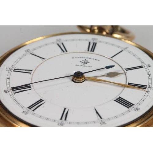 190 - 18ct yellow gold pocket watch, the white enamel dial with Roman numeral chapter ring, maker Rotherha... 