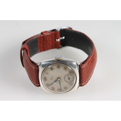 191 - 1930's silver cased gents Omega wristwatch, the champagne dial with arabic numeral chapter ring and ... 