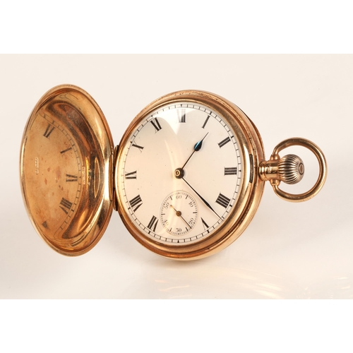 94 - Gents 9ct gold full hunter pocket watch, white enamel pocket watch with roman numerals and subsidiar... 