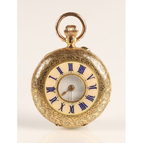 95 - Ladies 18k gold half hunter pocket watch, white enamel dial with Roman numerals, gross weight 33.9g... 