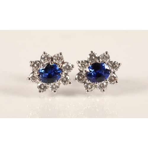 64 - Pair of ladies 18ct white gold sapphire and diamond earrings, central sapphire surrounded by eight s... 