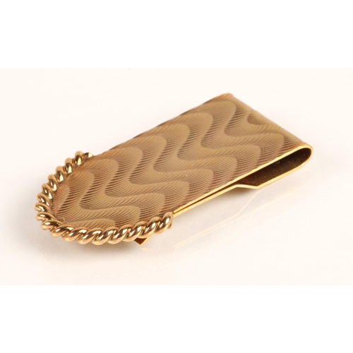74A - 9ct yellow gold money clip with engine turned decoration, weight 13.6g