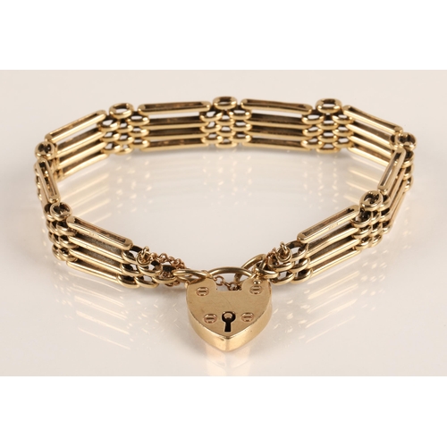 76 - Ladies 9ct yellow gold gate bracelet with padlock clasp, weight 25.6g