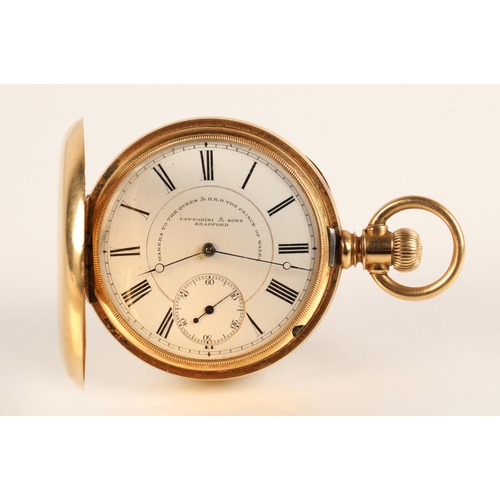 80 - Gents 18ct gold full hunter pocket watch by Fattorini & Sons, Bradford, white enamel dial with R... 