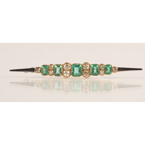 55 - Good ladies 18ct two tone gold emerald and diamond bar brooch, five emeralds interspersed with gradu... 