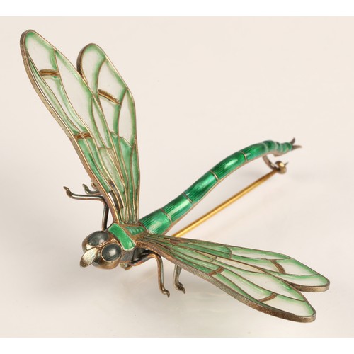 59 - Art Nouveau style Scandinavian enamelled dragonfly brooch, Marius Hammer of Norway, 930 silver, gree... 