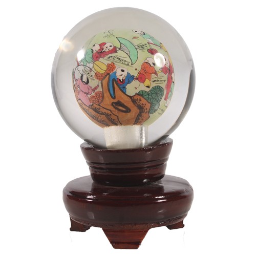 Chinese reverse painted globe on rotating stand, H13cm.