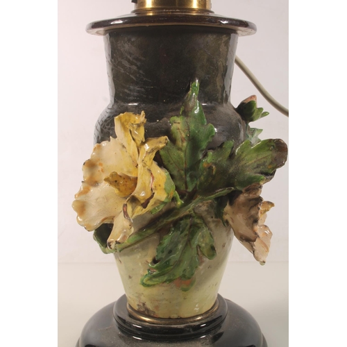 11 - Linthorpe style pottery baluster vase with relief floral decoration converted to a table lamp, 30cm ... 