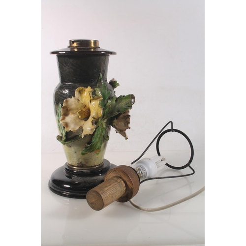 11 - Linthorpe style pottery baluster vase with relief floral decoration converted to a table lamp, 30cm ... 