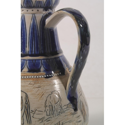 15 - Doulton Lambeth stoneware jug decorated with horses by Florence Barlow, the base stamped FEB, 24cm h... 