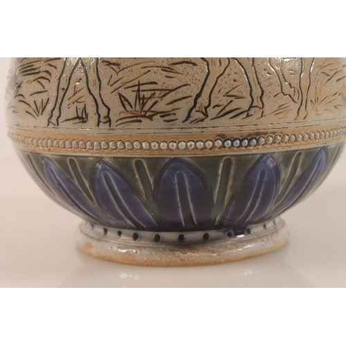 15 - Doulton Lambeth stoneware jug decorated with horses by Florence Barlow, the base stamped FEB, 24cm h... 