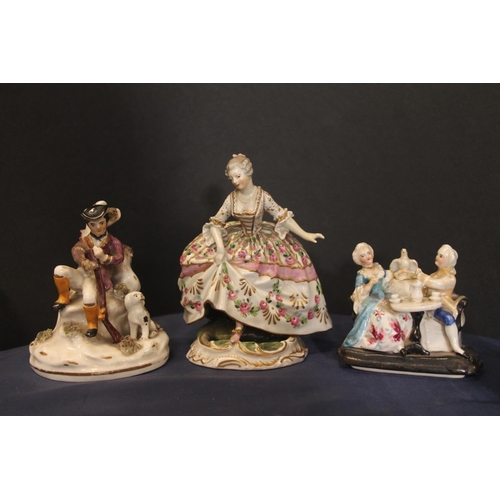 16 - 19th century porcelain figure modelled as a gentleman sat on tree trunk with gun and dog by his side... 