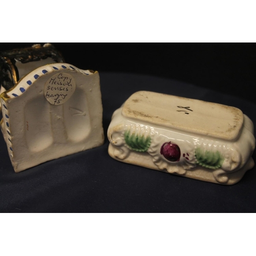 16 - 19th century porcelain figure modelled as a gentleman sat on tree trunk with gun and dog by his side... 