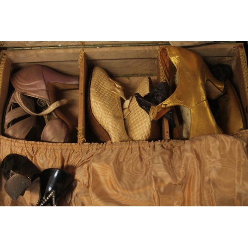 18 - Early 20th century vellum covered suitcase containing shoe compartments with six pairs of vintage sh... 