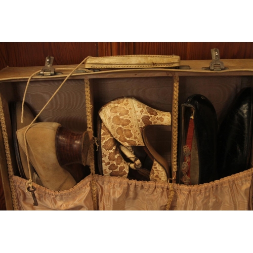 18 - Early 20th century vellum covered suitcase containing shoe compartments with six pairs of vintage sh... 
