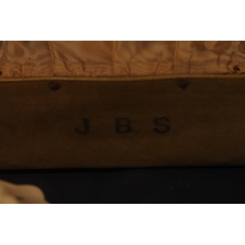 18 - Early 20th century vellum covered suitcase containing shoe compartments with six pairs of vintage sh... 