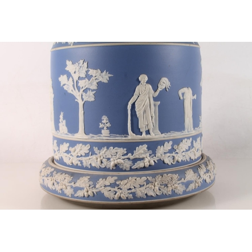 24 - Wedgwood style jasperware blue and white cheese dome on stand decorated with classical scenes, 28cm ... 