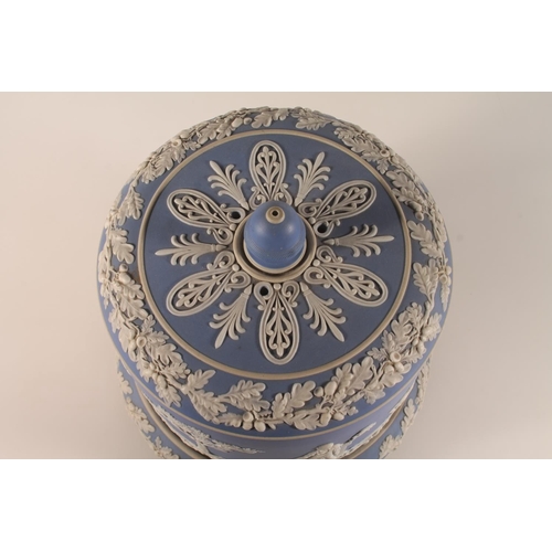 24 - Wedgwood style jasperware blue and white cheese dome on stand decorated with classical scenes, 28cm ... 