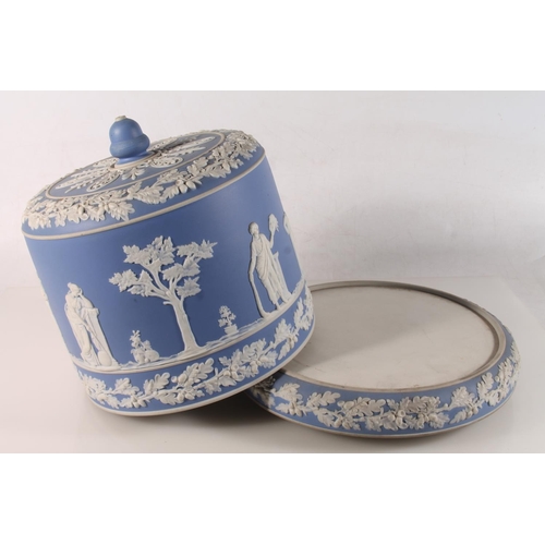 24 - Wedgwood style jasperware blue and white cheese dome on stand decorated with classical scenes, 28cm ... 