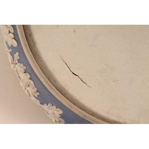 24 - Wedgwood style jasperware blue and white cheese dome on stand decorated with classical scenes, 28cm ... 