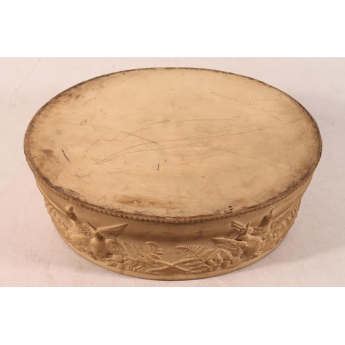 32 - Antique pottery game tureen with insert, 26cm long.