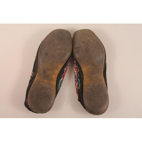 41 - Pair of Chinese embroidered needlework silk slippers, 24cm long.
