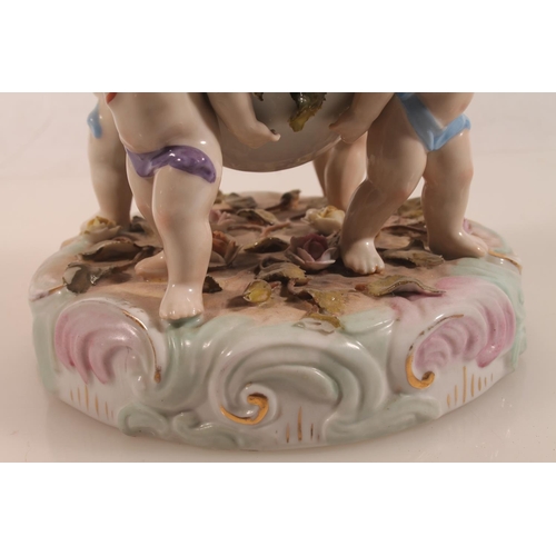 42 - Antique Meissen style lamp base with four cherub supports and relief floral decoration, blue crossed... 